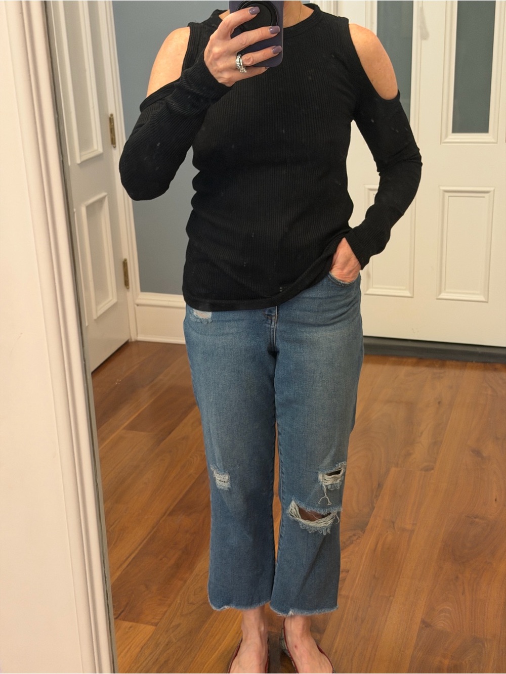 rag & bone Black Cold-Shoulder Ribbed Sweater